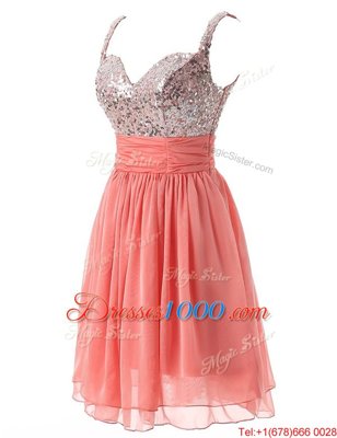 Superior Straps Sleeveless Prom Dress Knee Length Beading Watermelon Red Chiffon