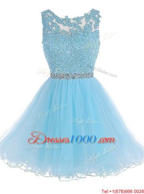 Fashionable Scoop Baby Blue Sleeveless Beading and Lace Knee Length Prom Evening Gown