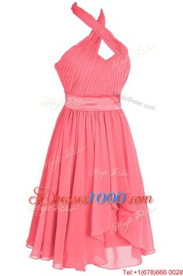 Halter Top Sleeveless Tea Length Ruching and Belt Backless with Watermelon Red