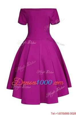 Custom Fit Fuchsia Short Sleeves Ruching Tea Length