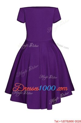 Stylish Purple A-line Satin Bateau Short Sleeves Ruching Tea Length Side Zipper Prom Dresses