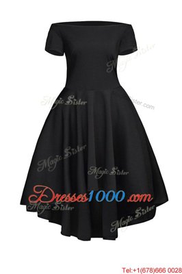 Perfect Black A-line Satin Bateau Short Sleeves Ruching Tea Length Side Zipper Prom Dresses
