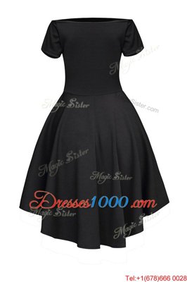 Perfect Black A-line Satin Bateau Short Sleeves Ruching Tea Length Side Zipper Prom Dresses