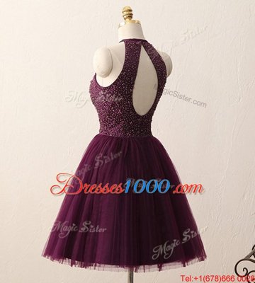 Deluxe Dark Purple Zipper Scoop Beading Prom Dresses Chiffon Sleeveless