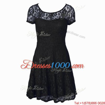 Scoop Tea Length Empire Short Sleeves Black Homecoming Dress Side Zipper