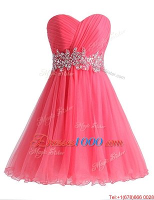 Unique Hot Pink Lace Up Sweetheart Beading and Ruching Prom Party Dress Chiffon and Tulle Sleeveless