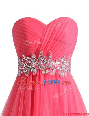 Unique Hot Pink Lace Up Sweetheart Beading and Ruching Prom Party Dress Chiffon and Tulle Sleeveless