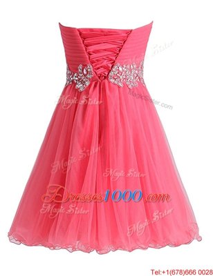 Unique Hot Pink Lace Up Sweetheart Beading and Ruching Prom Party Dress Chiffon and Tulle Sleeveless