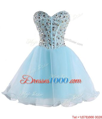 Baby Blue Ball Gowns Sweetheart Sleeveless Organza Mini Length Lace Up Beading Casual Dresses