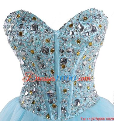 Baby Blue Ball Gowns Sweetheart Sleeveless Organza Mini Length Lace Up Beading Casual Dresses