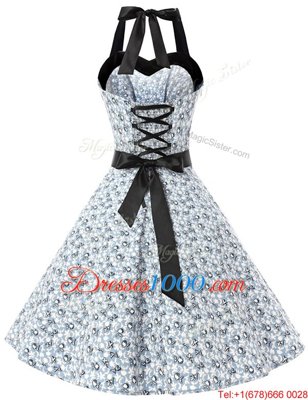 Charming Halter Top Sashes|ribbons and Pattern White And Black Zipper Sleeveless Knee Length