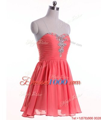 Simple Watermelon Red Empire Sweetheart Sleeveless Chiffon Mini Length Lace Up Beading Evening Dress