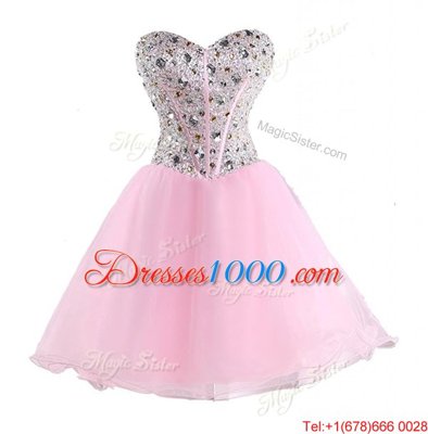 Beading Dress for Prom Pink Lace Up Sleeveless Mini Length