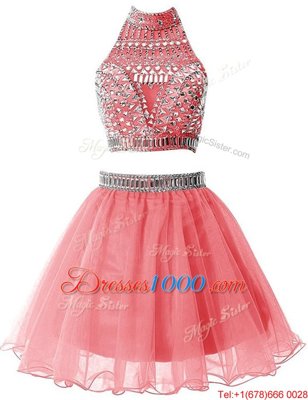 Watermelon Red A-line Beading Prom Gown Zipper Chiffon Sleeveless Mini Length