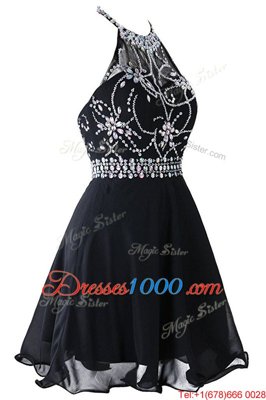 Glittering Black Empire Organza Scoop Sleeveless Beading and Belt Mini Length Zipper Party Dresses