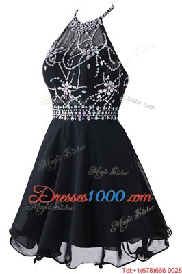 Glittering Black Empire Organza Scoop Sleeveless Beading and Belt Mini Length Zipper Party Dresses