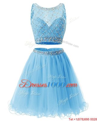Exquisite Baby Blue A-line Beading and Belt Prom Dresses Side Zipper Organza Sleeveless Mini Length