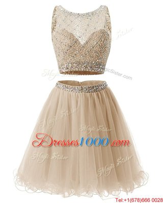 Champagne A-line Beading and Belt Homecoming Party Dress Side Zipper Organza Sleeveless Mini Length