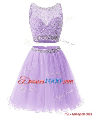 Elegant Beading and Belt Prom Dresses Lavender Side Zipper Sleeveless Mini Length