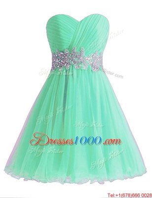 Suitable Apple Green Sleeveless Knee Length Beading and Ruching Lace Up Prom Gown
