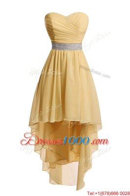 Vintage Gold Empire Belt Dress for Prom Lace Up Organza Sleeveless High Low