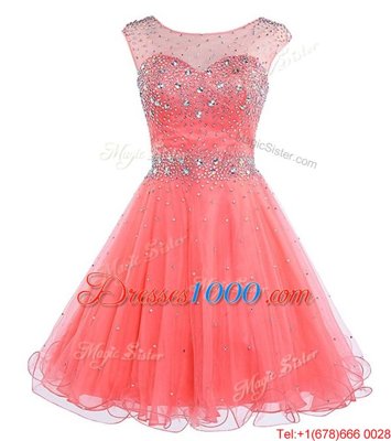 Scoop Sleeveless Chiffon Mini Length Backless Prom Party Dress in Watermelon Red for with Beading