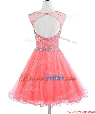 Scoop Sleeveless Chiffon Mini Length Backless Prom Party Dress in Watermelon Red for with Beading