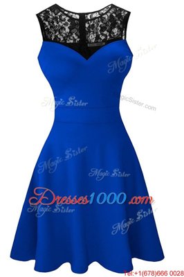Royal Blue A-line Satin Scoop Sleeveless Lace Tea Length Zipper Prom Dress