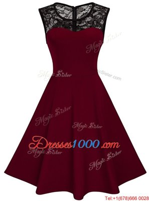 Burgundy A-line Scoop Sleeveless Satin Knee Length Zipper Lace Homecoming Dress
