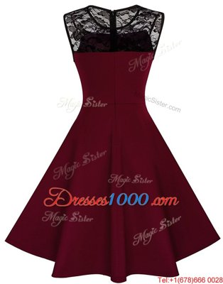 Burgundy A-line Scoop Sleeveless Satin Knee Length Zipper Lace Homecoming Dress