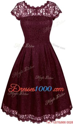 Free and Easy Scalloped Burgundy Short Sleeves Lace Tea Length Prom Evening Gown
