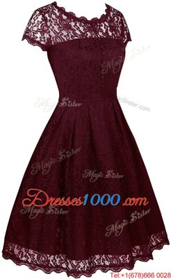 Free and Easy Scalloped Burgundy Short Sleeves Lace Tea Length Prom Evening Gown