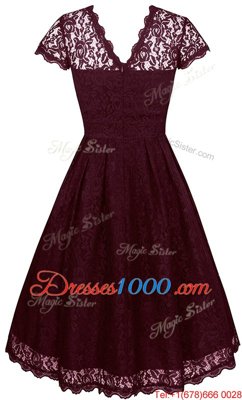 Free and Easy Scalloped Burgundy Short Sleeves Lace Tea Length Prom Evening Gown