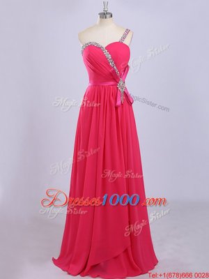 Latest Hot Pink Empire Chiffon One Shoulder Sleeveless Beading and Belt Floor Length Zipper