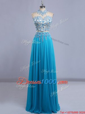 Backless Floor Length Baby Blue Prom Dresses Chiffon Cap Sleeves Beading and Lace