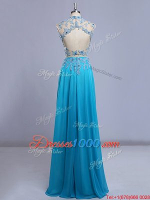 Backless Floor Length Baby Blue Prom Dresses Chiffon Cap Sleeves Beading and Lace