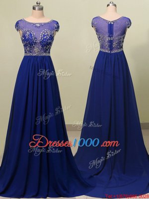 Scoop Royal Blue Chiffon Zipper Prom Gown Cap Sleeves With Brush Train Beading