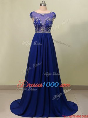 Scoop Royal Blue Chiffon Zipper Prom Gown Cap Sleeves With Brush Train Beading