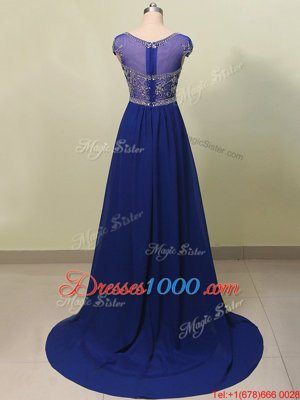 Scoop Royal Blue Chiffon Zipper Prom Gown Cap Sleeves With Brush Train Beading