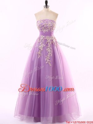 Clearance Lilac A-line Appliques Dress for Prom Zipper Tulle Sleeveless Floor Length