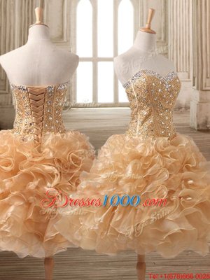 Perfect Tea Length Gold Pageant Gowns Organza Sleeveless Beading and Ruffles