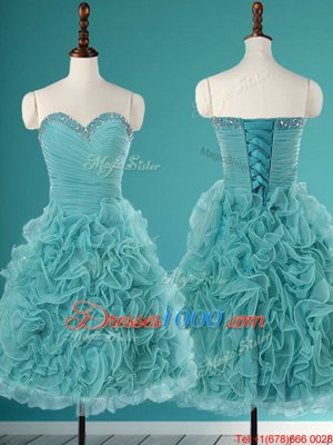 Beautiful Beading and Ruffles Evening Gowns Turquoise Lace Up Sleeveless Mini Length