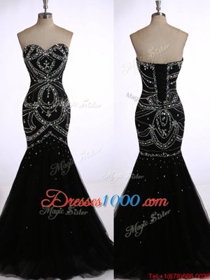 Delicate Black Mermaid Beading Prom Gown Zipper Tulle Sleeveless