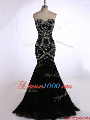 Delicate Black Mermaid Beading Prom Gown Zipper Tulle Sleeveless