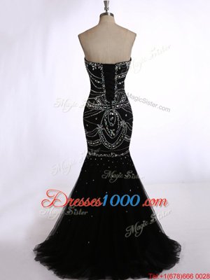 Delicate Black Mermaid Beading Prom Gown Zipper Tulle Sleeveless