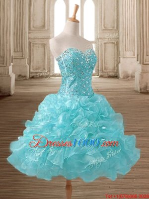 Aqua Blue Lace Up Party Dress for Girls Beading and Ruffles Sleeveless Mini Length