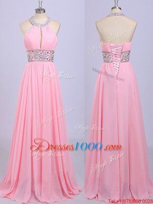 Best Rose Pink Chiffon Zipper Halter Top Sleeveless Floor Length Prom Dresses Beading and Belt