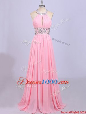 Best Rose Pink Chiffon Zipper Halter Top Sleeveless Floor Length Prom Dresses Beading and Belt