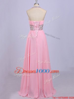 Best Rose Pink Chiffon Zipper Halter Top Sleeveless Floor Length Prom Dresses Beading and Belt