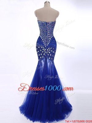 Brush Train Mermaid Evening Dress Royal Blue Sweetheart Tulle Sleeveless Zipper